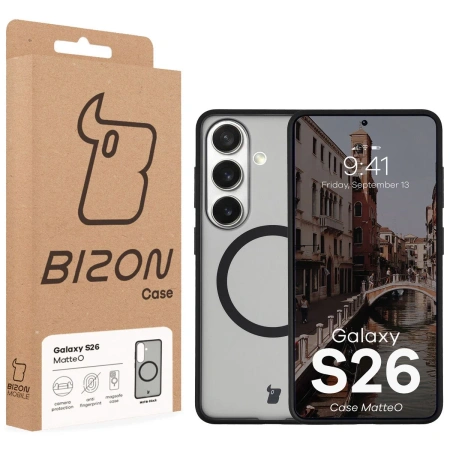 Etui z pierścieniem magnetycznym Bizon Case MatteO do Galaxy S26, przydymione-czarne