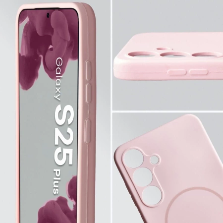 Silikonowe etui z pierścieniem magnetycznym Bizon Soft Case Magnetic do Galaxy S25 Plus, jasnoróżowe