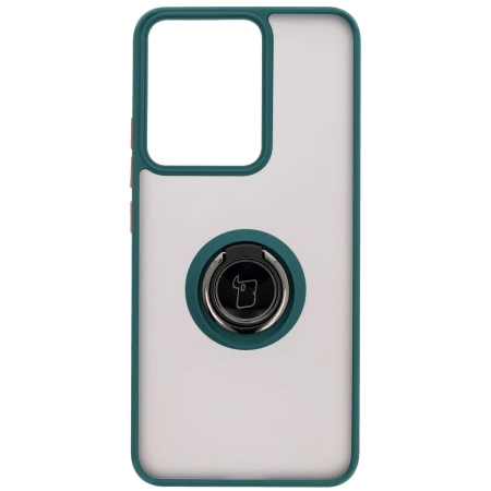 Etui z uchwytem na palec Bizon Case Hybrid Ring do Realme 14 5G / 14T 5G, przydymione z ciemnozieloną ramką