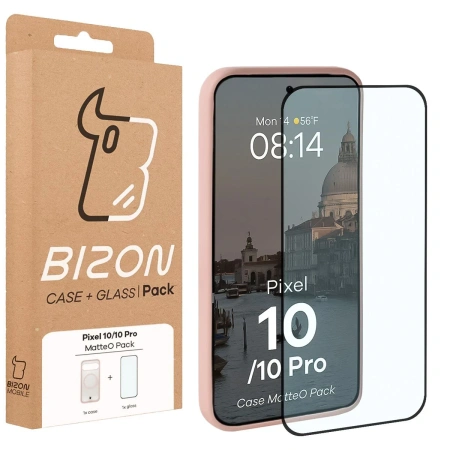 Etui z pierścieniem magnetycznym + szkło hartowane Bizon MatteO Pack do Google Pixel 10 / 10 Pro, przydymione-jasnoróżowe