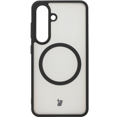 Etui z pierścieniem magnetycznym Bizon Case MatteO do Galaxy S25, półprzezroczyste z czarną ramką