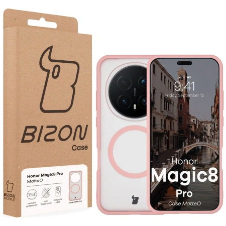 Etui z pierścieniem magnetycznym Bizon Case MatteO do Honor Magic8 Pro, przydymione-jasnoróżowe
