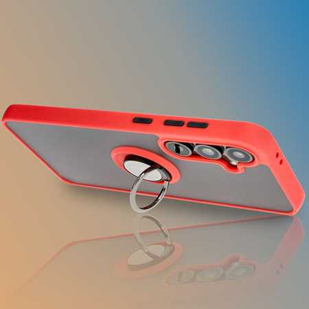 Etui z uchwytem na palec Bizon Case Hybrid Ring do Galaxy S24 FE, przydymione z czerwoną ramką