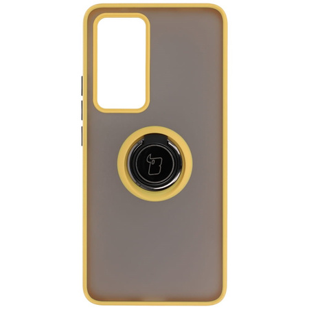 Etui z uchwytem na palec Bizon Case Hybrid Ring do Xiaomi 12T / 12T Pro, przydymione z żółtą ramką