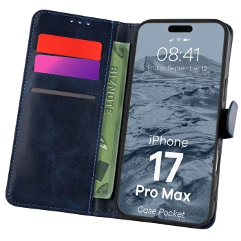 Etui z klapką Bizon Case Pocket do iPhone 17 Pro Max, granatowe