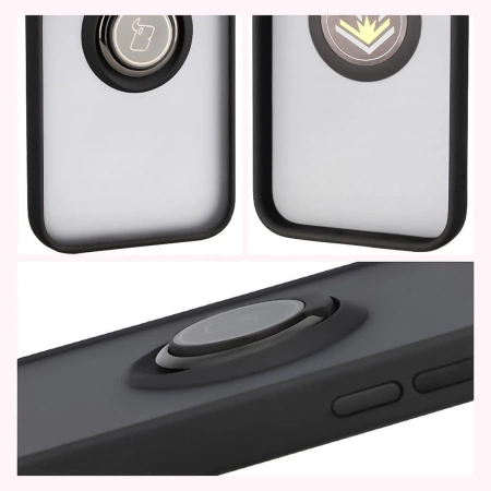 Etui z uchwytem na palec Bizon Case Hybrid Ring do iPhone 16e, przydymione z czarną ramką