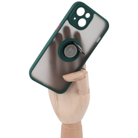 Etui z uchwytem na palec Bizon Case Hybrid Ring do iPhone 14, przydymione z ciemnozieloną ramką