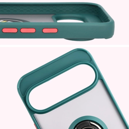 Etui z uchwytem na palec Bizon Case Hybrid Ring do Google Pixel 10 Pro XL, przydymione z ciemnozieloną ramką