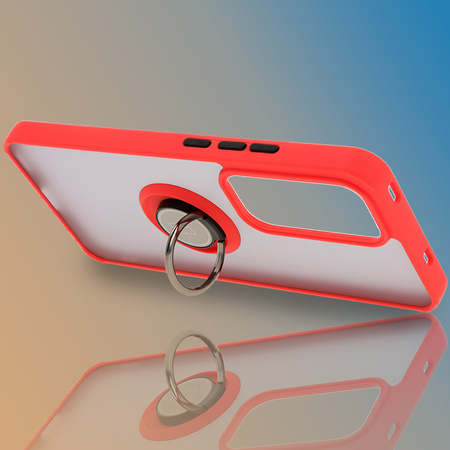 Etui z uchwytem na palec Bizon Case Hybrid Ring do Oppo Reno 12 Pro, przydymione z czerwoną ramką