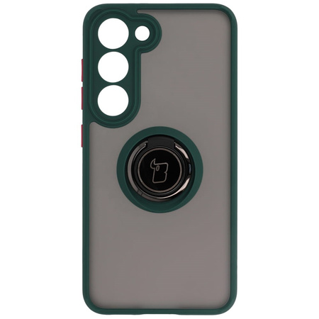 Etui z uchwytem na palec Bizon Case Hybrid Ring do Galaxy S23, przydymione z ciemnozieloną ramką