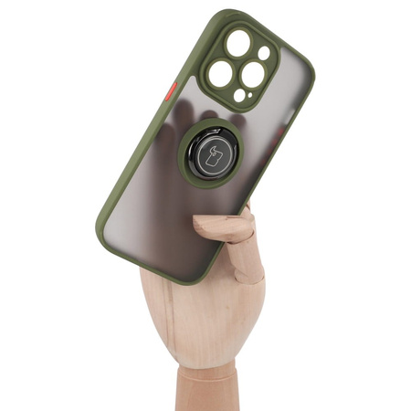 Etui z uchwytem na palec Bizon Case Hybrid Ring do iPhone 14 Pro, przydymione z zieloną ramką