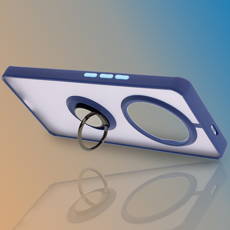 Etui z uchwytem na palec Bizon Case Hybrid Ring do Honor Magic7 Lite, przydymione z granatową ramką