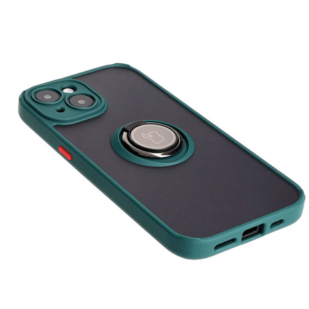 Etui z uchwytem na palec Bizon Case Hybrid Ring do iPhone 15, przydymione z ciemnozieloną ramką