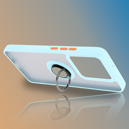 Etui z uchwytem na palec Bizon Case Hybrid Ring do Xiaomi 14T, przydymione z jasnoniebieską ramką