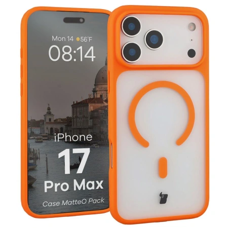 Etui z pierścieniem magnetycznym + szkło hartowane Bizon MatteO Pack do iPhone 17 Pro Max, przydymione-pomarańczowe