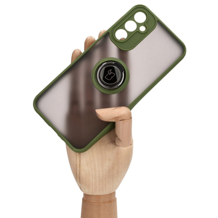 Etui z uchwytem na palec Bizon Case Hybrid Ring do Galaxy A14 4G / 5G, przydymione z zieloną ramką