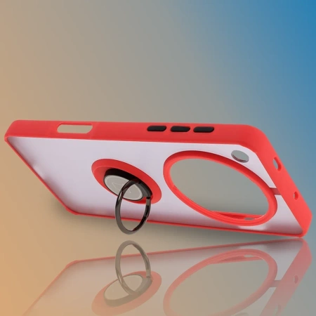 Etui z uchwytem na palec Bizon Case Hybrid Ring do Oppo Find X8 Pro, przydymione z czerwoną ramką