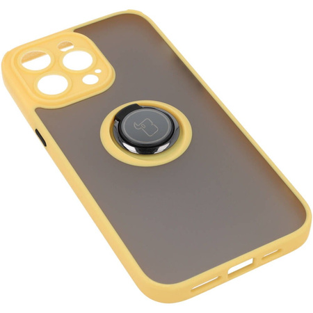 Etui z uchwytem na palec Bizon Case Hybrid Ring do iPhone 14 Pro Max, przydymione z żółtą ramką