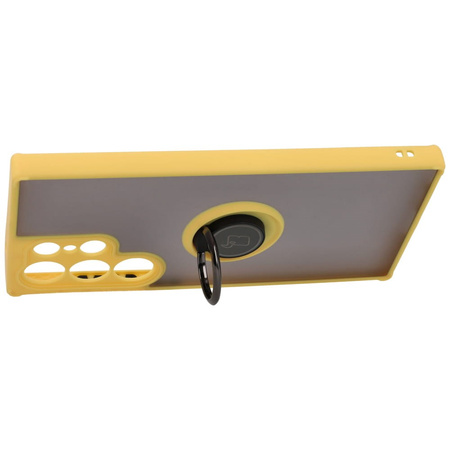 Etui z uchwytem na palec Bizon Case Hybrid Ring do Galaxy S23 Ultra, przydymione z żółtą ramką