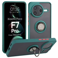 Etui z uchwytem na palec Bizon Case Hybrid Ring do Xiaomi POCO F7 Pro, przydymione z ciemnozieloną ramką