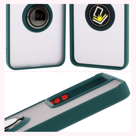 Etui z uchwytem na palec Bizon Case Hybrid Ring do Realme 14 5G / 14T 5G, przydymione z ciemnozieloną ramką