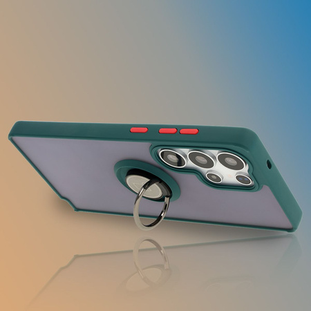 Etui z uchwytem na palec Bizon Case Hybrid Ring do Galaxy S25 Ultra, przydymione z ciemnozieloną ramką