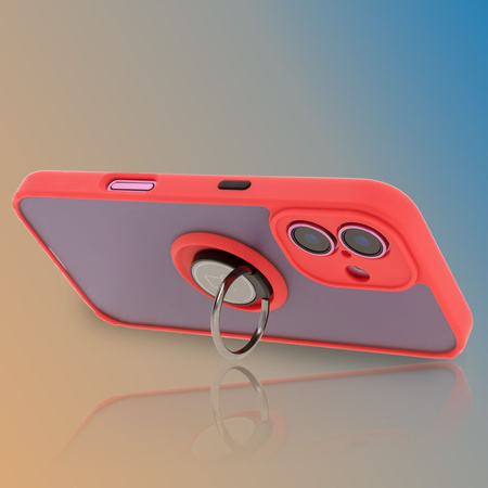 Etui z uchwytem na palec Bizon Case Hybrid Ring do iPhone 16, przydymione z czerwoną ramką