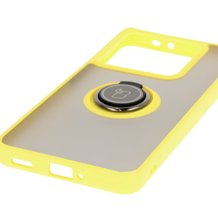 Etui z uchwytem na palec Bizon Case Hybrid Ring do Xiaomi 14T Pro, przydymione z żółtą ramką