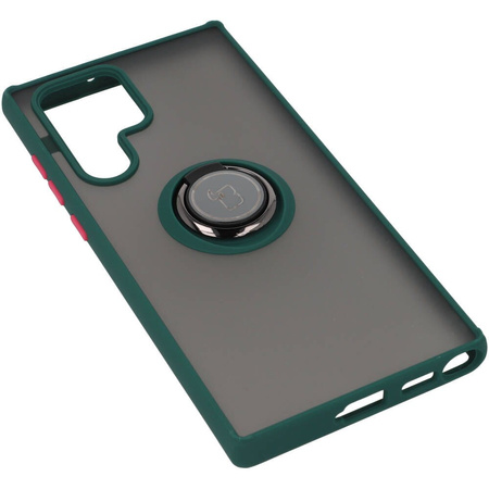 Etui z uchwytem na palec Bizon Case Hybrid Ring do Galaxy S22 Ultra, przydymione z ciemnozieloną ramką