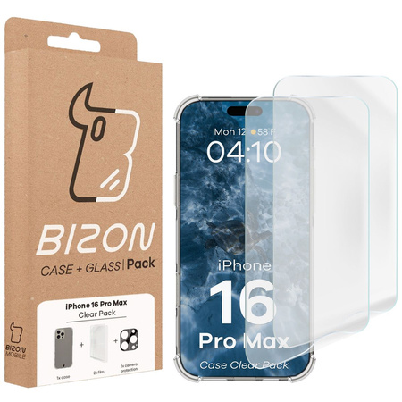 Etui + 2x szkło hartowane + szkiełko na obiektyw Bizon Case Clear Pack do iPhone 16 Pro Max