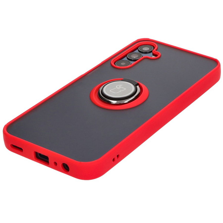Etui z uchwytem na palec Bizon Case Hybrid Ring do Galaxy M15 5G, przydymione z czerwoną ramką