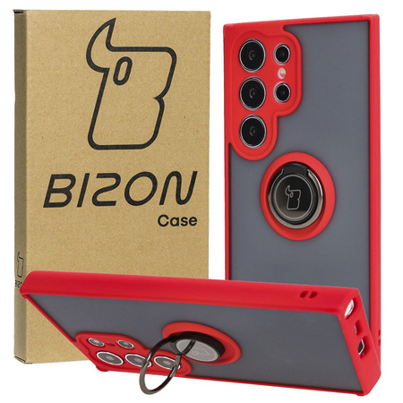 Etui z uchwytem na palec Bizon Case Hybrid Ring do Galaxy S24 Ultra, przydymione z czerwoną ramką