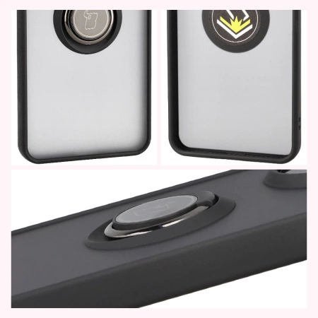 Etui z uchwytem na palec Bizon Case Hybrid Ring do Xiaomi POCO F7 Pro, przydymione z czarną ramką