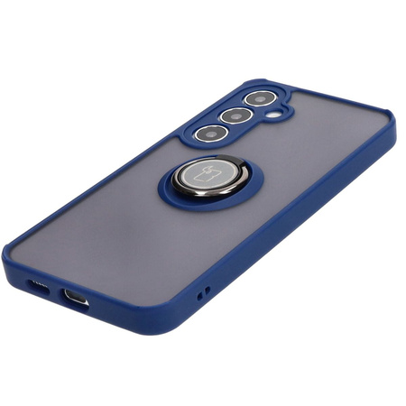 Etui z uchwytem na palec Bizon Case Hybrid Ring do Galaxy S25 Plus / S24 Plus, przydymione z granatową ramką