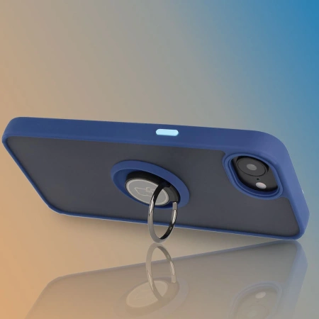 Etui z uchwytem na palec Bizon Case Hybrid Ring do iPhone 16e, przydymione z granatową ramką