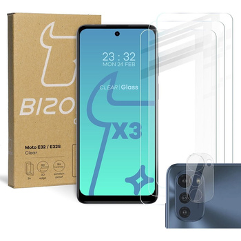 Szkło hartowane Bizon Glass Clear - 3 szt. + obiektyw, Motorola Moto E32 / E32s