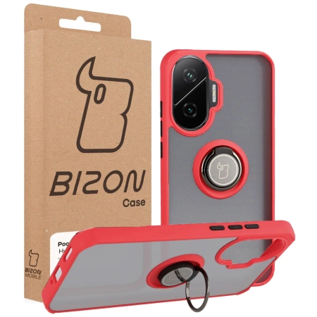 Etui z uchwytem na palec Bizon Case Hybrid Ring do Xiaomi POCO F7, przydymione z czerwoną ramką