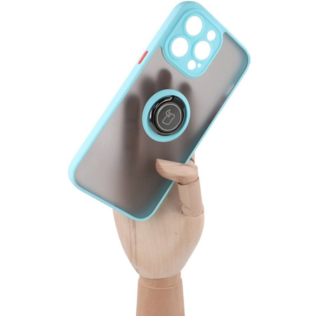 Etui z uchwytem na palec Bizon Case Hybrid Ring do iPhone 14 Pro Max, przydymione z jasnoniebieską ramką