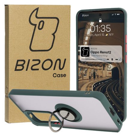 Etui z uchwytem na palec Bizon Case Hybrid Ring do Oppo Reno 12, przydymione z ciemnozieloną ramką