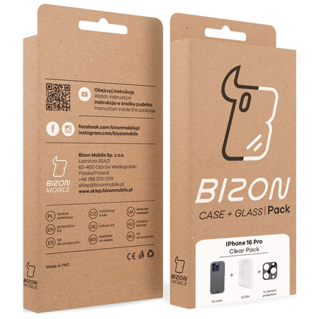 Etui + 2x folia na ekran + szkiełko na obiektyw Bizon Case Clear Pack do iPhone 16 Pro