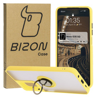 Etui z uchwytem na palec Bizon Case Hybrid Ring do Motorola Moto G35 5G, przydymione z żółtą ramką