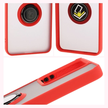 Etui z uchwytem na palec Bizon Case Hybrid Ring do Realme 14 5G / 14T 5G, przydymione z czerwoną ramką