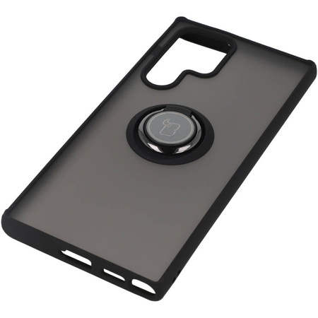 Etui z uchwytem na palec Bizon Case Hybrid Ring do Galaxy S22 Ultra, przydymione z czarną ramką