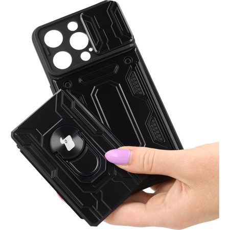 Etui Bizon Case Camshield Card Slot Ring do iPhone 14 Pro, czarne