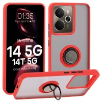 Etui z uchwytem na palec Bizon Case Hybrid Ring do Realme 14 5G / 14T 5G, przydymione z czerwoną ramką