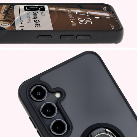 Etui z uchwytem na palec Bizon Case Hybrid Ring do Galaxy S24 FE, przydymione z czarną ramką