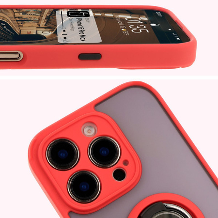 Etui z uchwytem na palec Bizon Case Hybrid Ring do iPhone 16 Pro Max, przydymione z czerwoną ramką