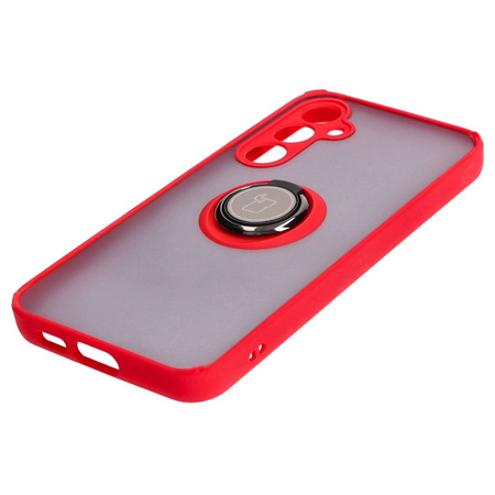 Etui z uchwytem na palec Bizon Case Hybrid Ring do Galaxy S23 FE, przydymione z czerwoną ramką