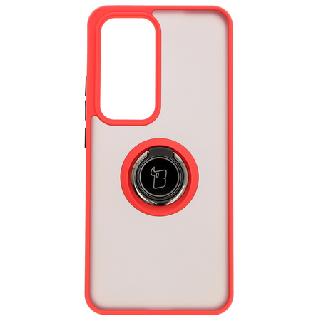 Etui z uchwytem na palec Bizon Case Hybrid Ring do Oppo Reno 12 Pro, przydymione z czerwoną ramką