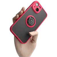 Etui z uchwytem na palec Bizon Case Hybrid Ring do iPhone 14, przydymione z czerwoną ramką